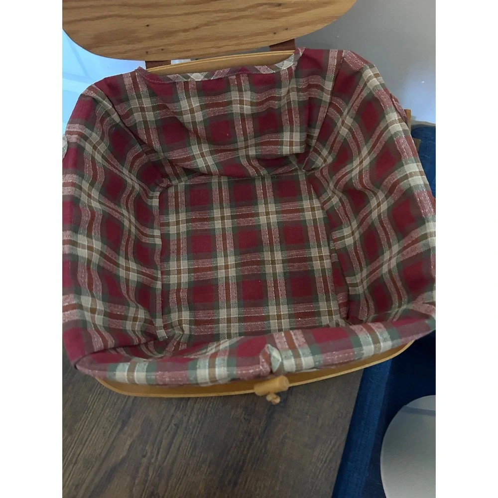Woven Wood Picnic Basket with Hinged Lid Plaid Liner and Wooden Riser Insert